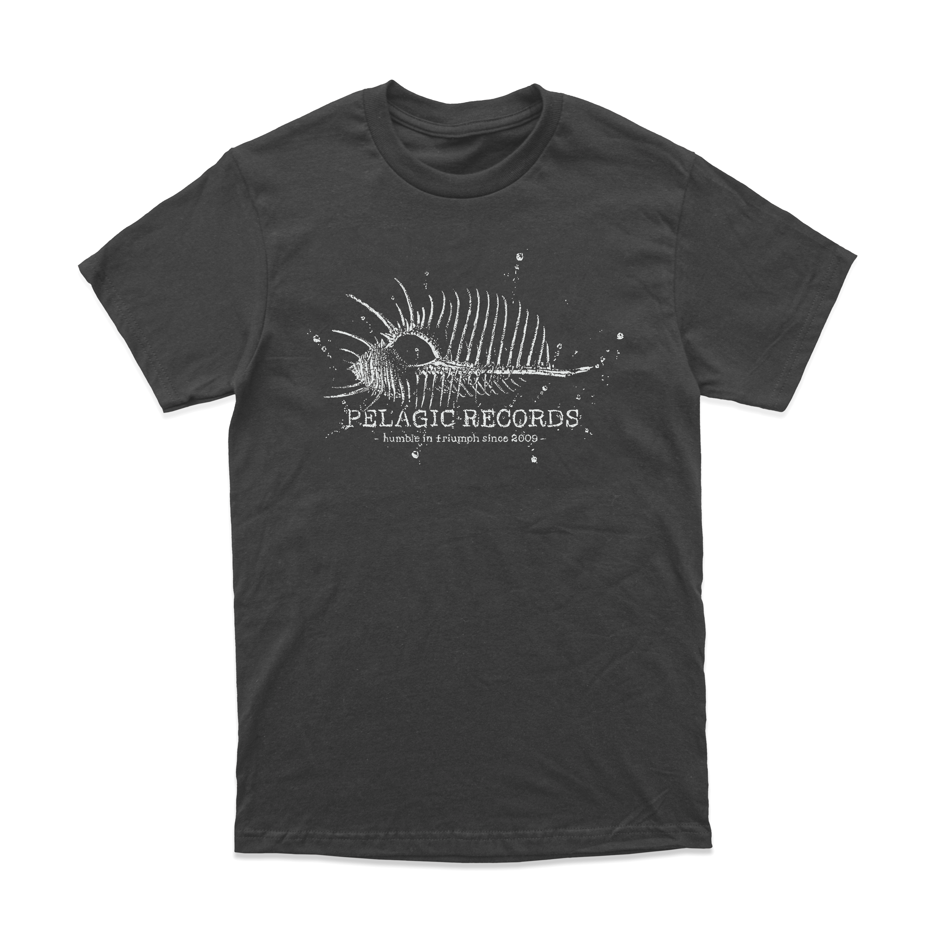 PELAGIC RECORDS 15TH ANNIVERSARY // HUMBLE IN TRIUMPH - WHITE ON DARK HEATHER GREY T-SHIRT